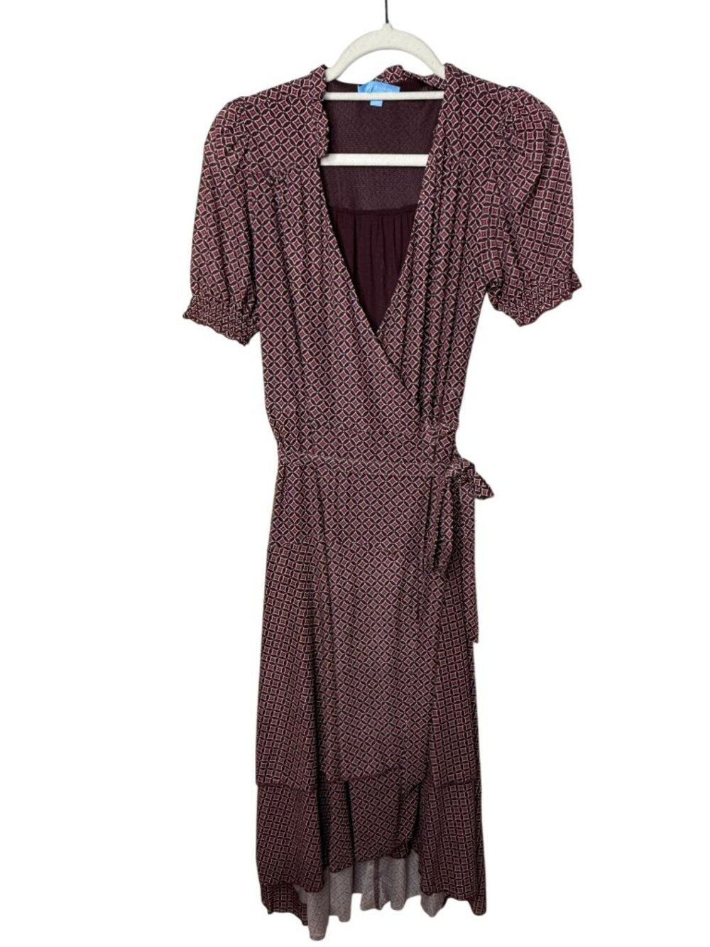 Draper James XS Burgundy Geometric Wrap Maxi Dress Puff Sleeve Cottagecore
